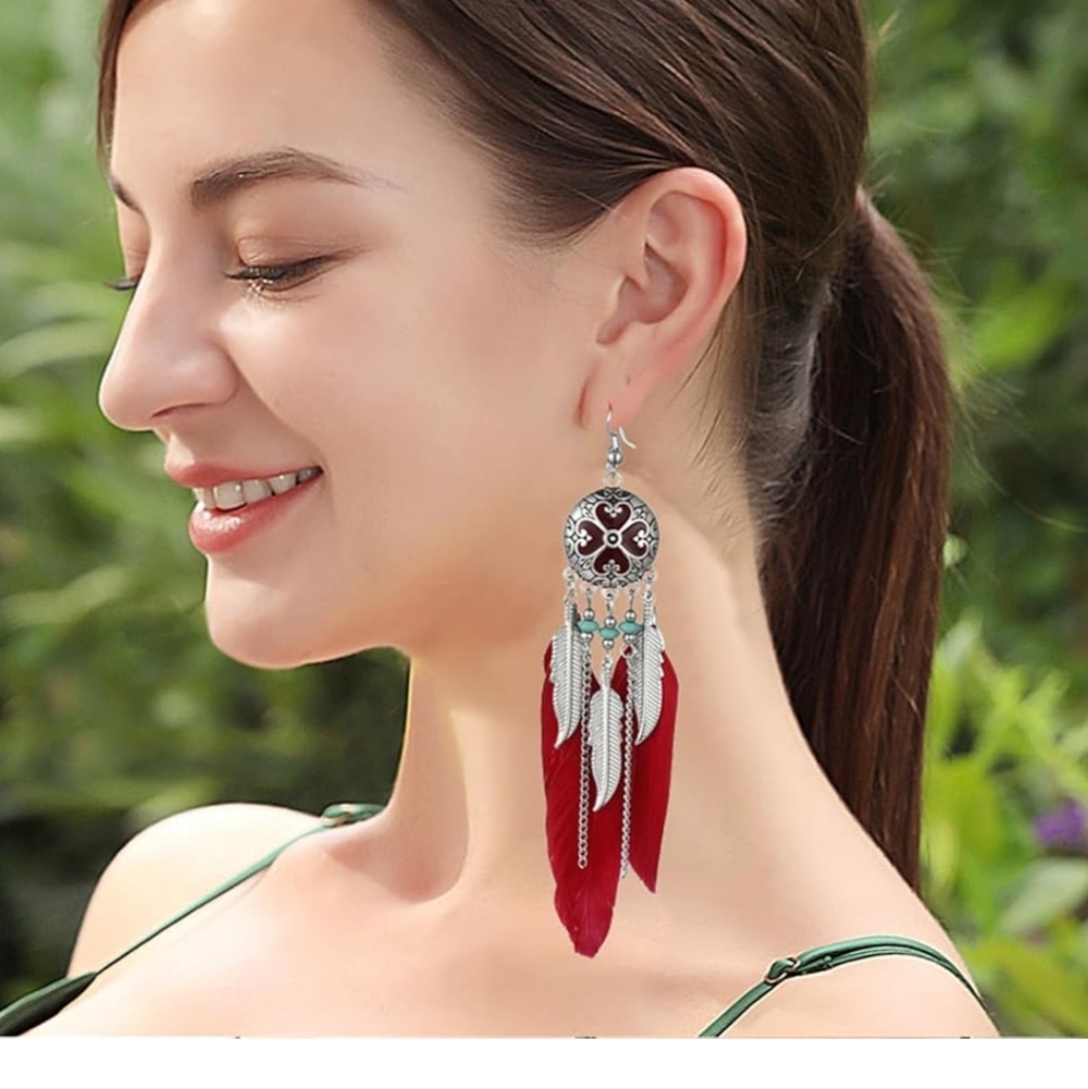 Red and Silver Feather Dangle Earrings